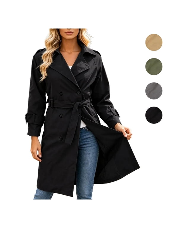 Womens Long Trench Coat Lapel Collar Double Breasted Button Front Lined Long Sleeve Coat Trendy Outerwear for Travel Vacation Black L