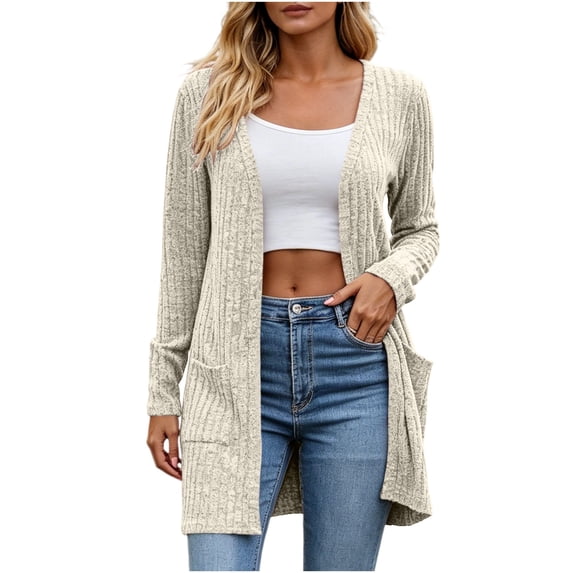 Sahpxhe Womens Mid-Length Cardigan Sweaters Long Sleeve Open Front Oversized Knit Cardigan Soft Casual Layering Piece Beige XL