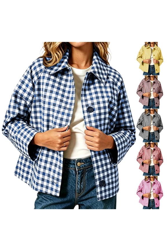 Womens Oversized Jackets Plaid Long Sleeve Collared Cropped Jacket Casual Button Down Pretty Lightweight Outerwear Blue S