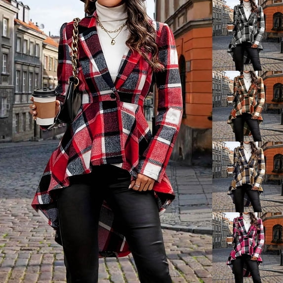 Sahpxhe Womens Plaid Jackets Flared Irregular High Low Hem One Button Lapel Long Sleeve Blazer Vintage Trendy Outfits Red S