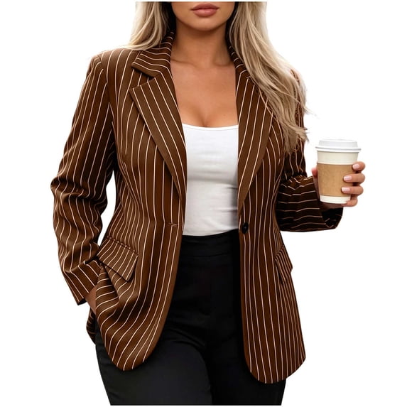 Sahpxhe Womens Striped Blazer Loose Long Sleeve Notched Lapel Casual Suit Jacket with Padded Shoulder for Business Work Brown L