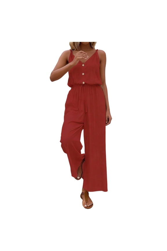 Womens Summer Jumpsuits Loose V-Neck Spaghetti Strap Wide Leg Jumpers Elastic Waist Rompers for Beach Vacation Wine S