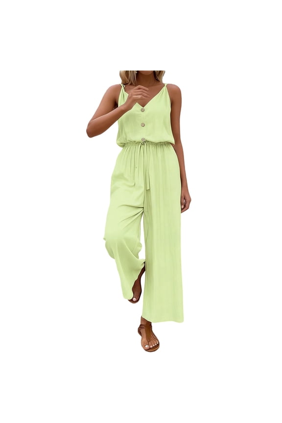 Womens Summer Jumpsuits Loose V-Neck Spaghetti Strap Wide Leg Jumpers Elastic Waist Rompers for Beach Vacation Yellow S