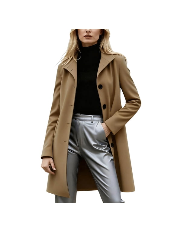 Womens Trench Coat Wool Blend Lapel Single Breasted Long Sleeve Overcoat Work Office Classic Winter Outerwear Khaki XL