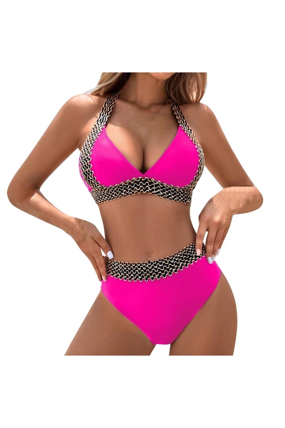 Womens Triangle Bikini Bathing Suits Halter Neck Tie Back Swimsuits Two Piece Swimwear with High Waist Cheeky Bottoms Pink L