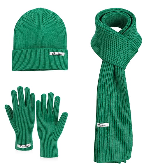 Sahpxhe Womens Winter Beanie Scarf Gloves Set Warm 3 In 1 Ribbed Knit Set Hat Long Scarf Full Finger Gloves Cold Weather Outdoorwear Green Free Size