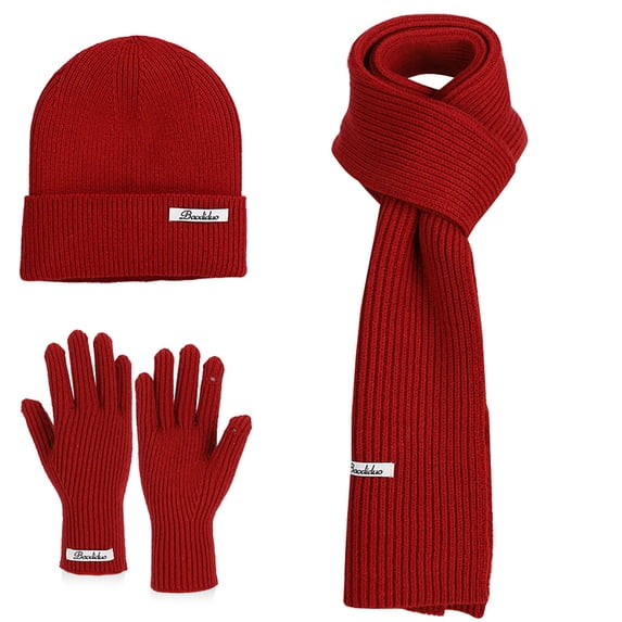 Sahpxhe Womens Winter Beanie Scarf Gloves Set Warm 3 In 1 Ribbed Knit Set Hat Long Scarf Full Finger Gloves Cold Weather Outdoorwear Red Free Size