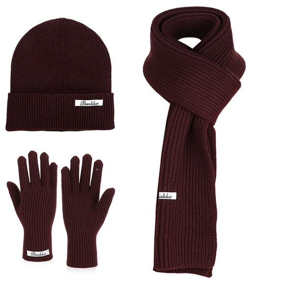 Sahpxhe Womens Winter Beanie Scarf Gloves Set Warm 3 In 1 Ribbed Knit Set Hat Long Scarf Full Finger Gloves Cold Weather Outdoorwear Wine Free Size