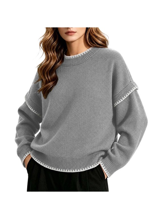 Womens Wool Sweaters Crew Neck Relaxed Fit Contrast Trim Knit Pullover Long Sleeve Casual Cozy Winter Sweater Gray L