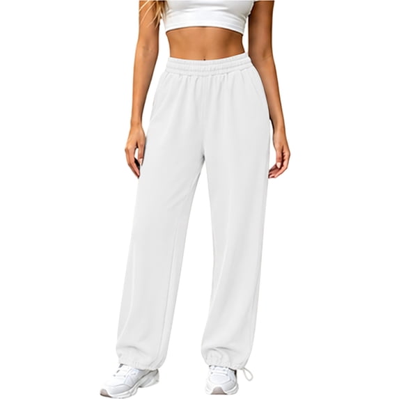 Sahpxhe Womens Workout Sweatpants Straight Wide Leg High Waist Drawstring Casual Loose Trousers with 3 Pockets for Running Gym White XL