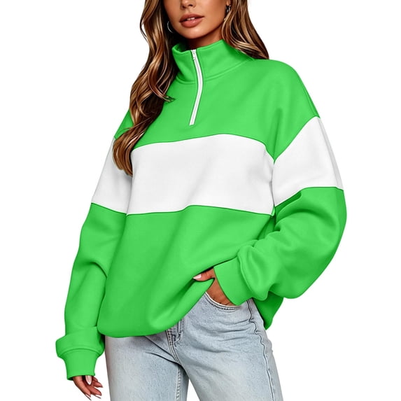 Sahpxhe Womens Zip Mock Neck Sweatshirt Loose Color Block Long Sleeve Pullover Sweatshirt Vibrant Stripe Comfy Trendy Tops Green XL