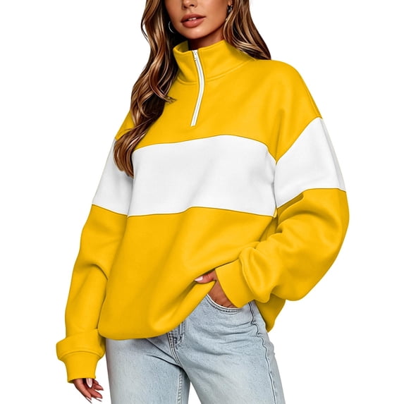 Sahpxhe Womens Zip Mock Neck Sweatshirt Loose Color Block Long Sleeve Pullover Sweatshirt Vibrant Stripe Comfy Trendy Tops Yellow XXL