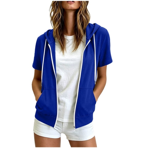 Sahpxhe Womens Zip up Hoodies Slim Fit Short Sleeve Casual Sweatshirts Lightweight Drawstring Athletic Running Thin Jacket Blue XL