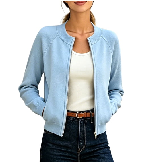 Sahpxhe Womens Zip up Jackets Ribbed Crew Neck Long Sleeve Relaxed Fit Sweat Jacket Casual Cozy Outdoor Fall Tops Light Blue S