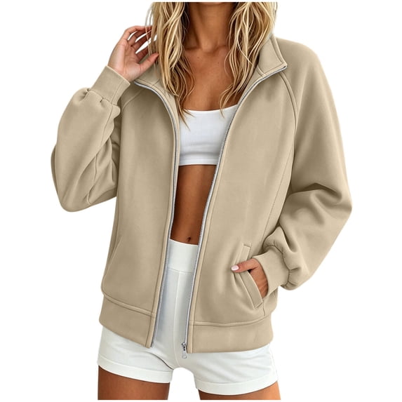 Sahpxhe Womens Zip up Sweatshirt Stand Collar Raglan Long Sleeve Relaxed Fit Jacket Casual Fall Travel Workout Top Khaki L
