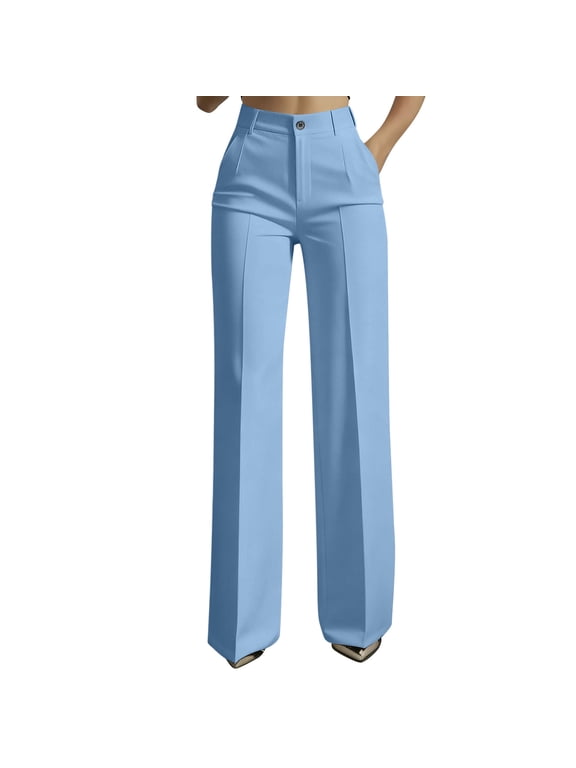 Work Pants for Women Business High Waist Wide Straight Leg Pants Casual Dressy Office Trousers with Pockets Blue L
