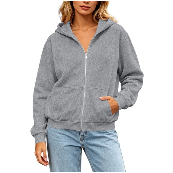 Sahpxhe Zip up Hoodie Women Long Sleeve Casual Fall Jacket Soft Comfy Trendy Sweatshirt with Pockets Gray L