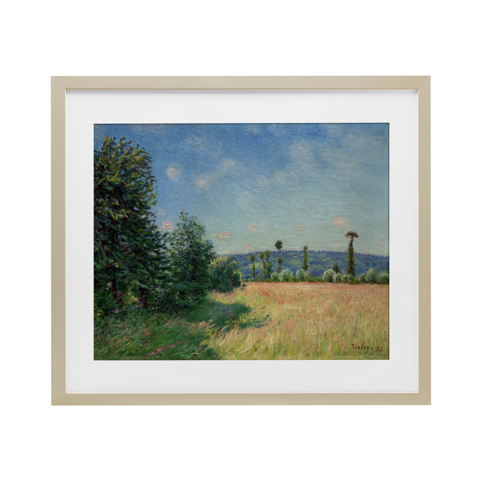 Sahurs Meadows in Morning Sun Birch Framed Print Under Glass, design by Alfred Sisley