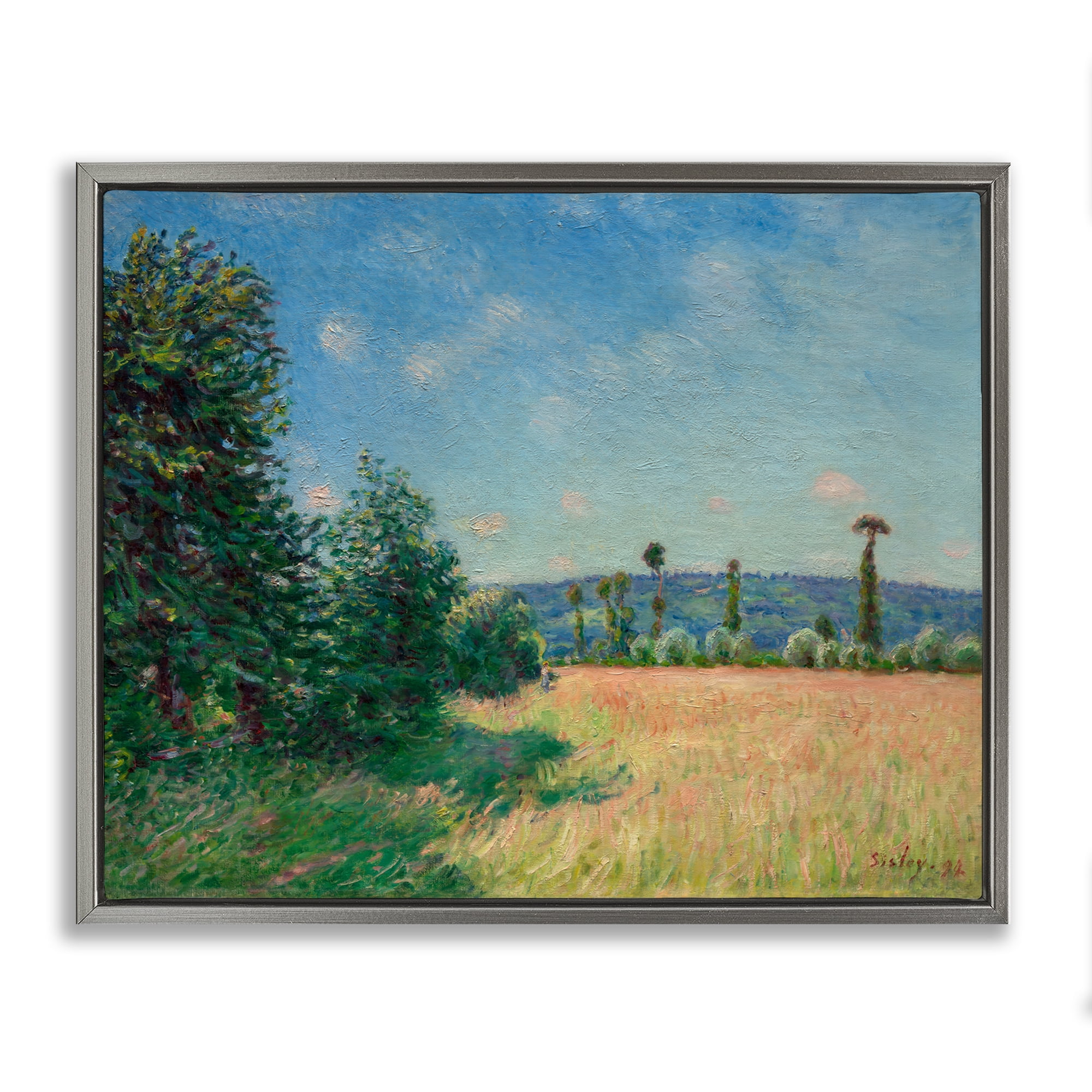 Sahurs Meadows in Morning Sun Gray Framed Floater Canvas Wall Art, design by Alfred Sisley