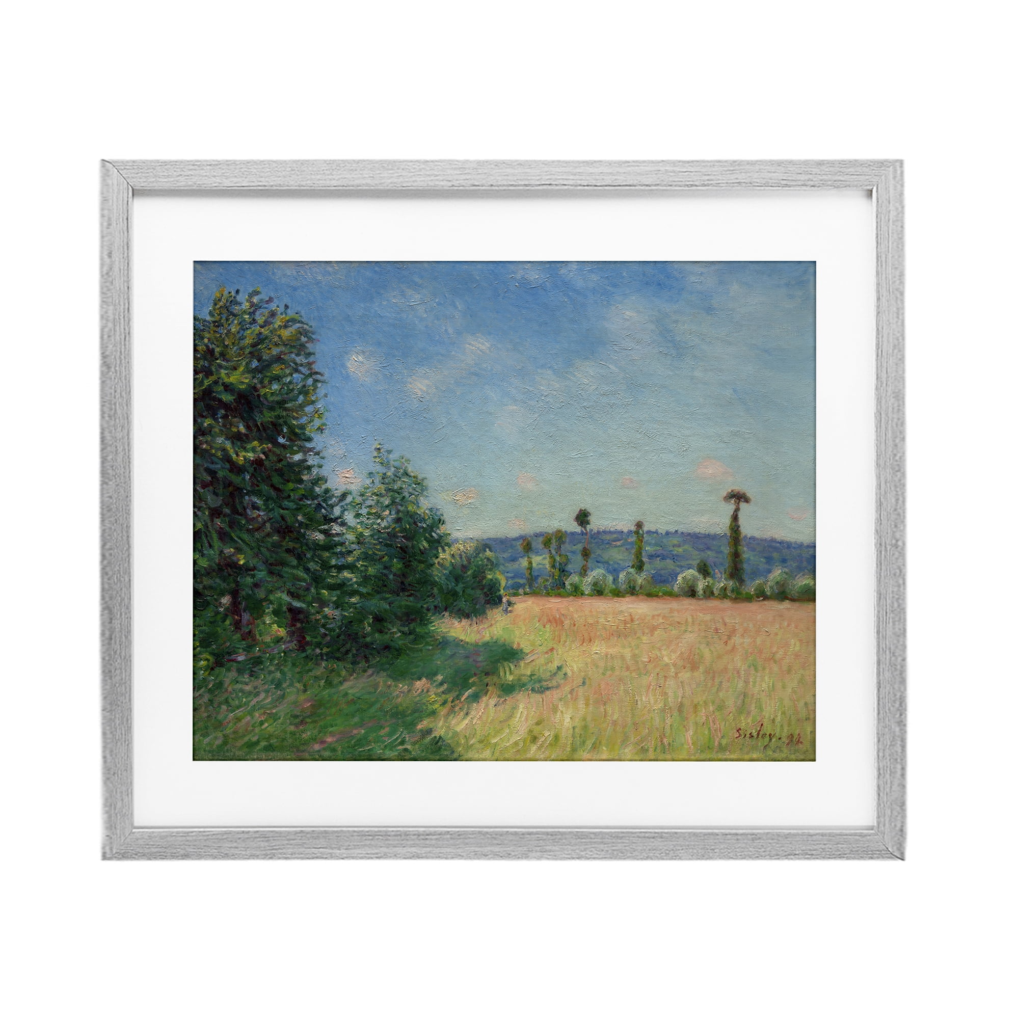 Sahurs Meadows in Morning Sun Gray Framed Print Under Glass, design by Alfred Sisley