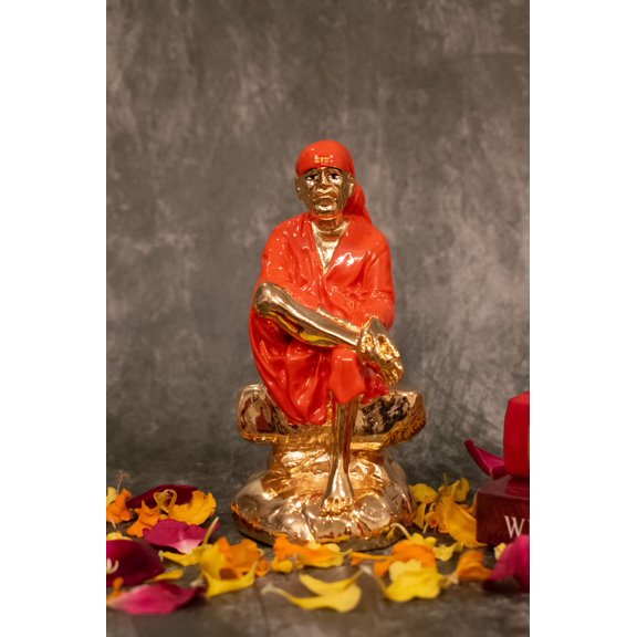 Sai Baba Idol in Orange & Gold - 6 Inches