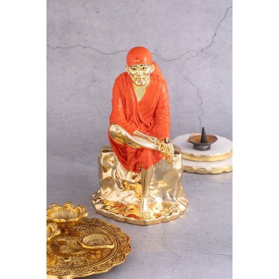 Sai Baba Idol in Orange & Gold - 9.5 Inches