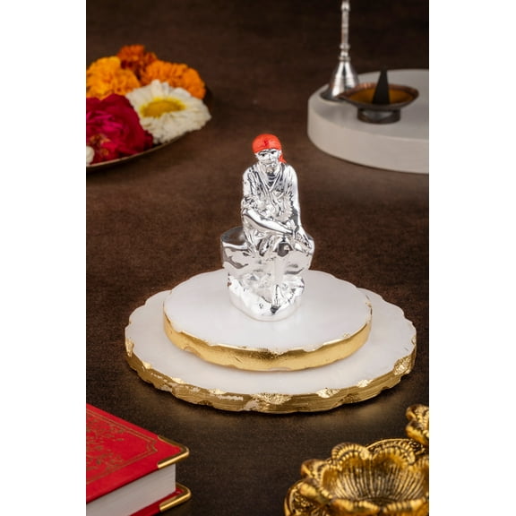 Sai Baba Idol in Orange & Silver - 3.5 Inches