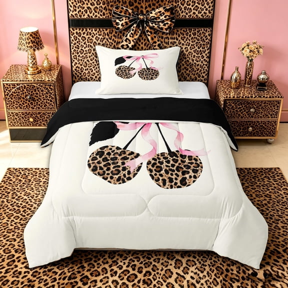 Saia Leopard Print Cherry Twin Comforter Sets for Girls, Pink Watercolor Ribbon Bedding Set, Black Reversible, 2-Piece, 1 Comforter and 1 Pillowcase