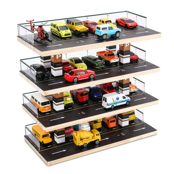 Saichotoy Hot Wheels & Matchbox Display Case, 1/64 Scale Diecast Toy Car Storage, Parking Garage Diorama - Freestanding Storage with 4 Levels 24 Spots Maximum 40 Cars C80