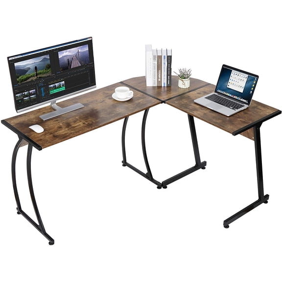 Saicool Modern L-Shaped Gaming Desk,Home Office Desk with Round Corner Computer Desk,Study Writing PC Laptop Workstation with Solid Steel Frame Desktop, Brown