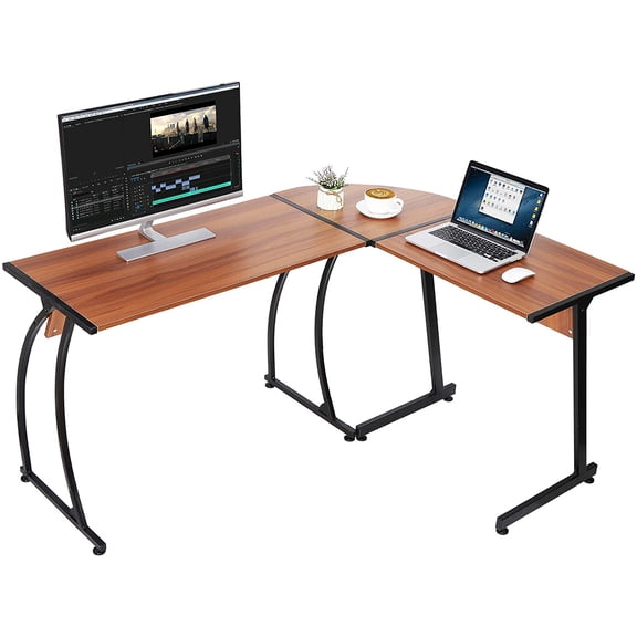 Saicool Modern L-Shaped Home Office Desk with Round Corner Computer Desk Gaming Writing PC Laptop Workstation with Solid Steel Frame Desktop (Walnut)