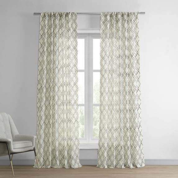 Saida Chocolate Embroidered Geometric Patterned Faux Linen Sheer Curtain (1 Panel), Saida Chocolate, 50W X 108L