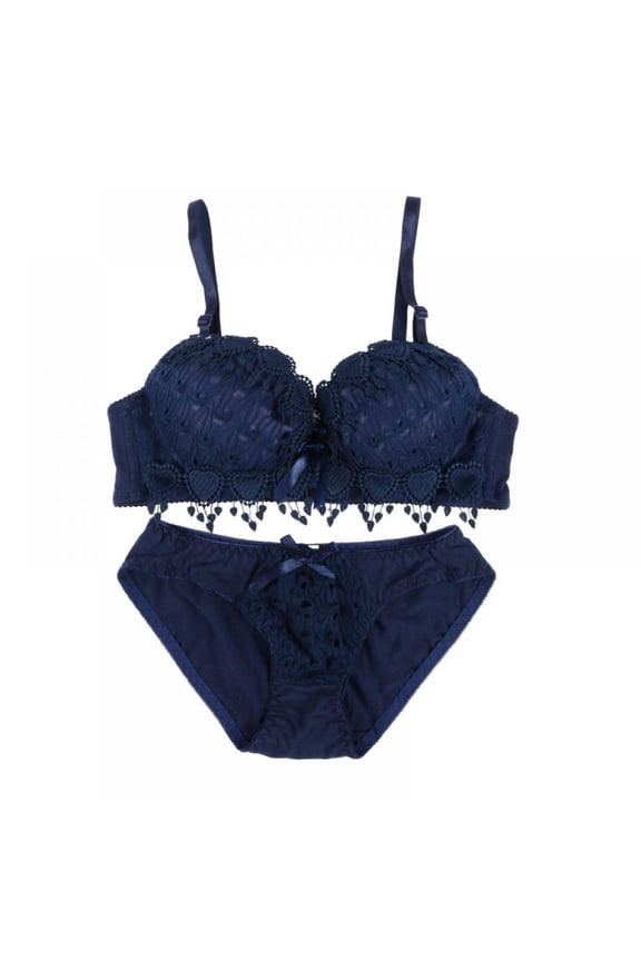 Women Push Up Bra Set Floral Lace Underwear Set Underwire Brassiere Outfit Blue 38B