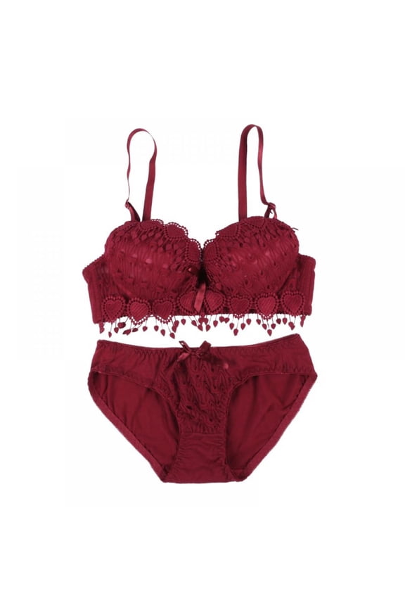 Women Push Up Bra Set Floral Lace Underwear Set Underwire Brassiere Outfit Red 34B