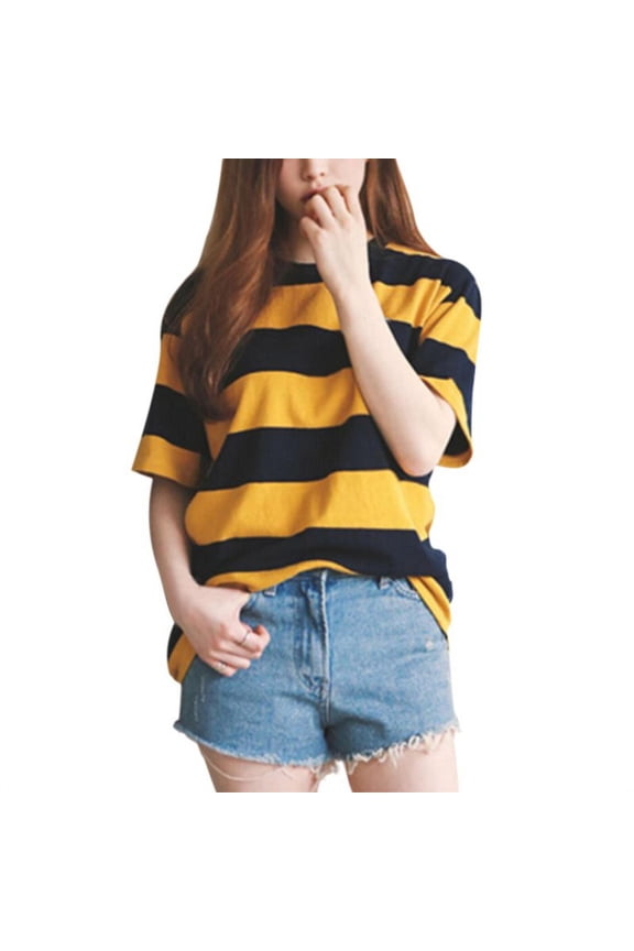 Women's Elbow Sleeves Top Round Neck Slim Fit Tee Casual Striped Shirt