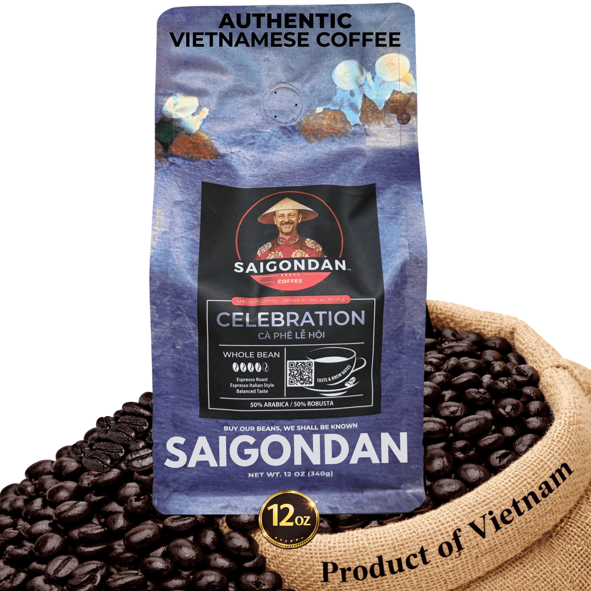 SaigonDan Celebration Espresso Roast Coffee — Bold Italian-Style Blend, Arabica + Robusta, Whole Bean, 12 oz