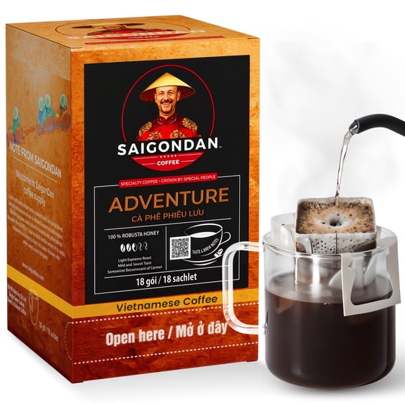 Saigondan Drip Instant Coffee - Adventure | Light Espresso Roast | 100% Robusta | Vietnamese Single Origin | Small Batch Roasted | Direct Trade | Mild and Sweet Taste | No Preservatives | 18 Sachets