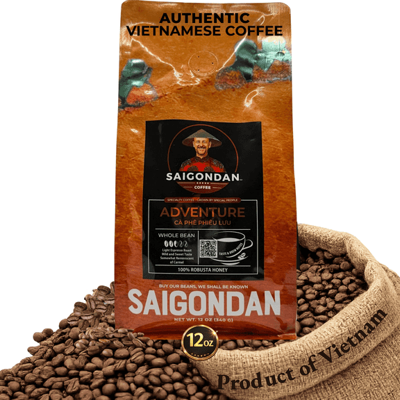 Saigondan Whole Bean Coffee - Adventure | Light Espresso Roast | 100% Robusta | Vietnamese Single Origin | Roasted in Small Batch | Smooth & Naturally Sweet | Direct Trade | No Preservatives | 12 Oz