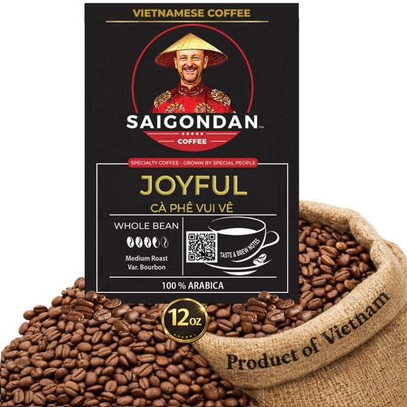 Saigondan Whole Bean Coffee - Joyful | Medium Roast | Vietnamese Single Origin | 100% Arabica Bourbon | Roasted in Small Batch | Direct Trade | With Notes of Orange Blossoms | No Preservatives | 12 O
