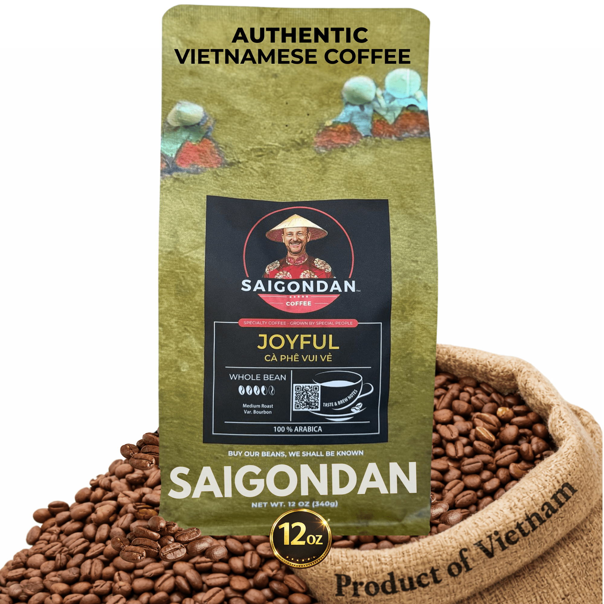 Saigondan Whole Bean Coffee - Joyful | Medium Roast | Vietnamese Single Origin | 100% Arabica Bourbon | Roasted in Small Batch | Direct Trade | With Notes of Orange Blossoms | No Preservatives | 12 O