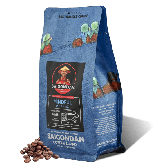 Saigondan Whole Bean Coffee - Mindful | Dark Roast | Robusta & Arabica Blend | Vietnamese Single Origin | Roasted in Small Batch | Direct Trade | Full Bodied | No Preservatives | 12 Oz