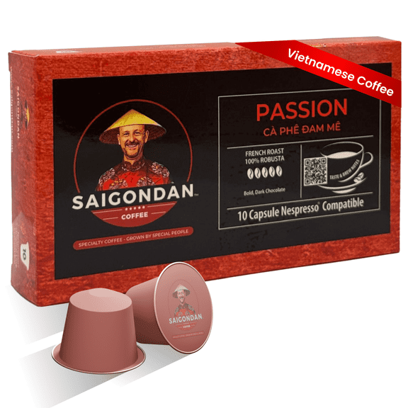 Saigondan Passion Vietnamese Coffee Pods, French Roast 100% Robusta, Single Origin, Compatible with All Nespresso Original Line Machines, 10 Capsules