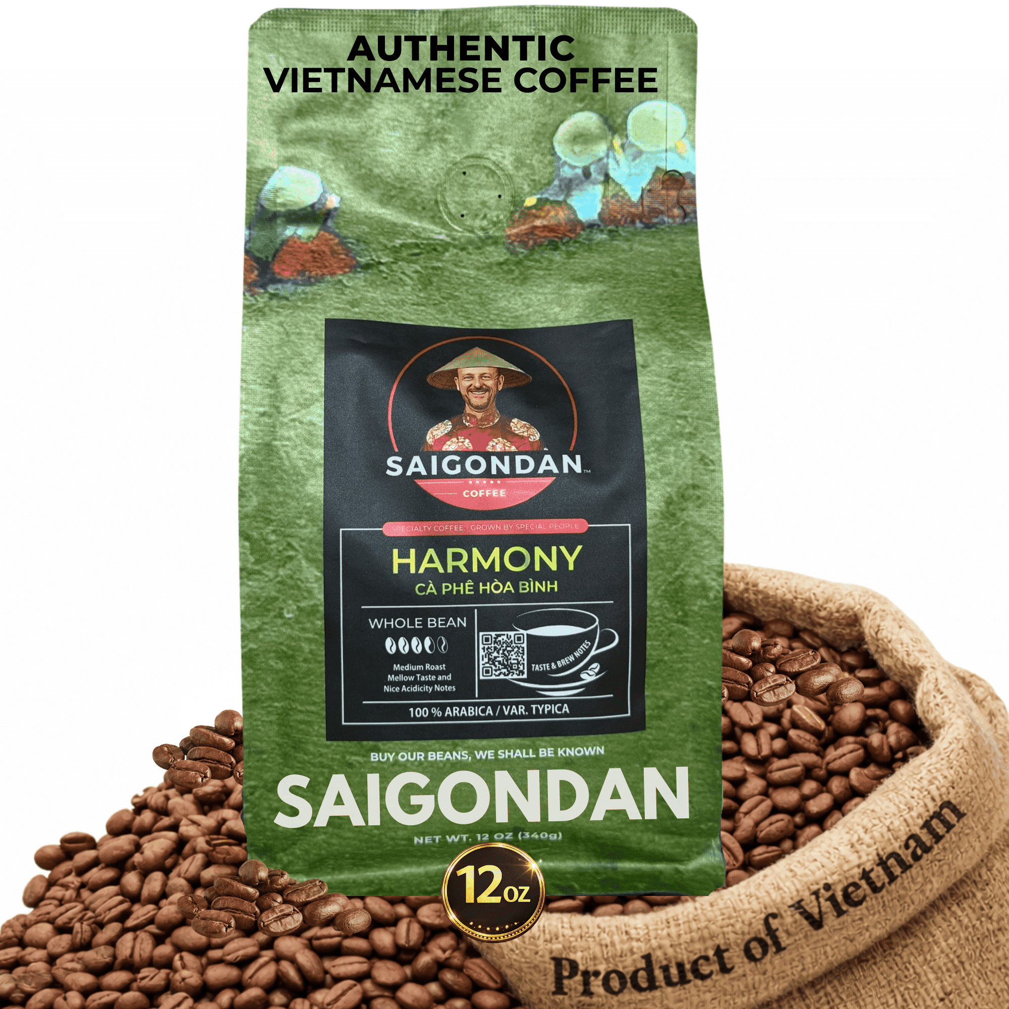 Saigondan Whole Bean Coffee - Harmony | Medium Roast | 100% Arabica | Vietnamese Single Origin | Roasted in Small Batch | Direct Trade | Full Bodied | No Preservatives | 12 Oz