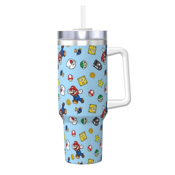 Saiise 40 oz Insulated Cup with Handle,Double Wall Vacuum Stainless Steel Tumbler, For Cold/Hot Drinks,Coffee Travel Mug for Car/Home/Office/Party/Camping- Mario