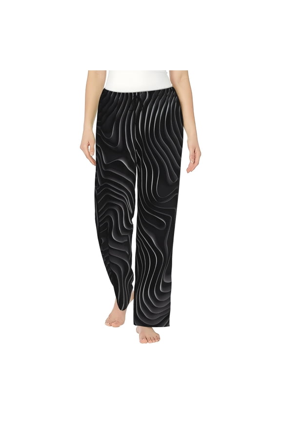 Abstract Black And White Waves Womens Pajama Pants Stretch Comfy Lounge Pants Drawstring Sleep Bottoms with Pockets-X-Large