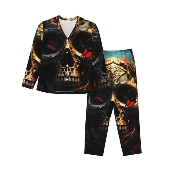 Saiise Artistic Flower Butterfly Skull Print Women Soft Pajama Sets,Long Sleeve Sleepwear Button Up 2-Piece Pjs Lounge Sets-Large
