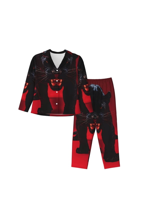 Black Panther Red Background Print Women Soft Pajama Sets,Long Sleeve Sleepwear Button Up 2-Piece Pjs Lounge Sets-Small