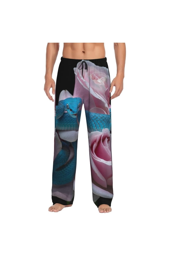 Blue Lipped Pit Viper And Three Pink Roses Print Mens Pajama Pants for Men,Mens Lounge Pants,Funny Gifts for Men,Men's Pajama Bottoms-Small