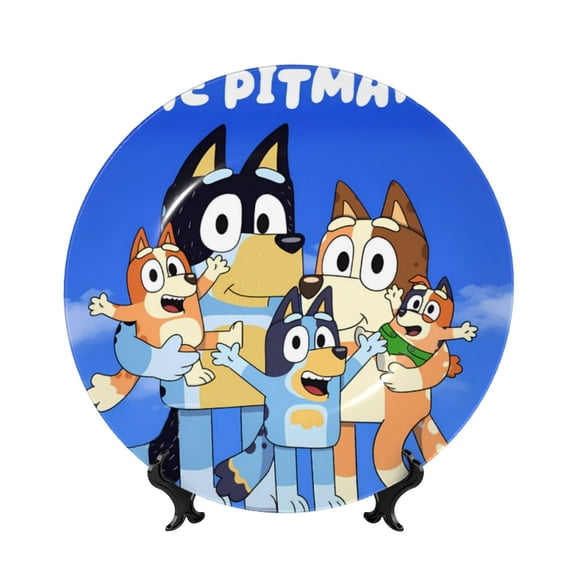 Saiise Bluey Print Bone China Decorative Plate Ceramic Decorative Plates with Display Stand Handmade Ceramic Wall Art Decor for Home Kitchen Bedroom Decorative-6in