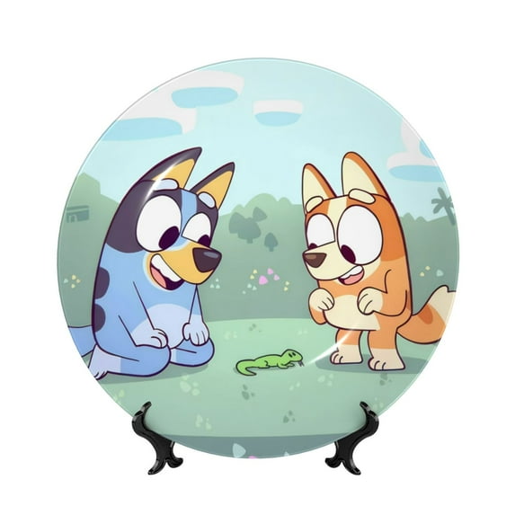 Saiise Bluey Print Bone China Decorative Plate Ceramic Decorative Plates with Display Stand Handmade Ceramic Wall Art Decor for Home Kitchen Bedroom Decorative-7in